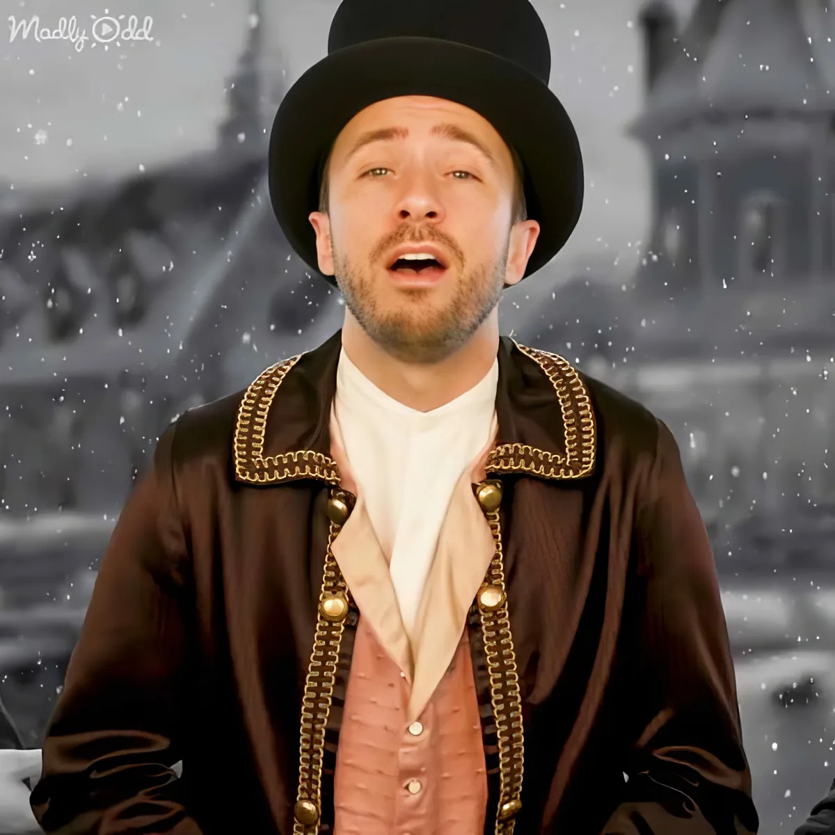 A man in a vintage outfit with a top hat and a snowy background.