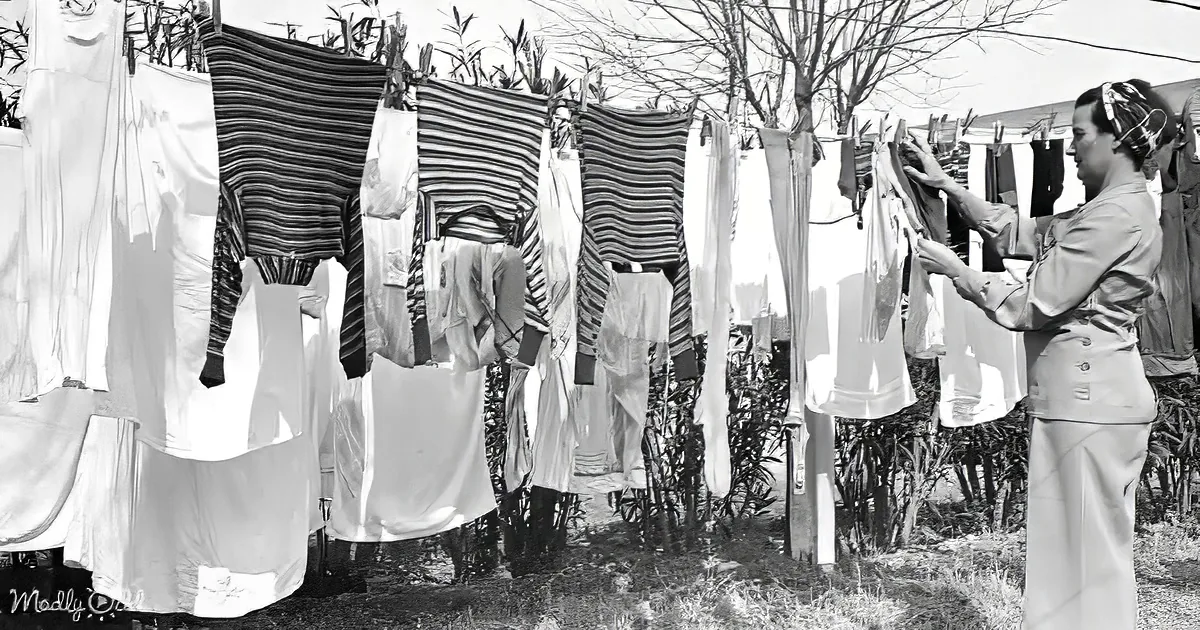 A woman hangs laundry on a clothesline in a sunny outdoor setting.