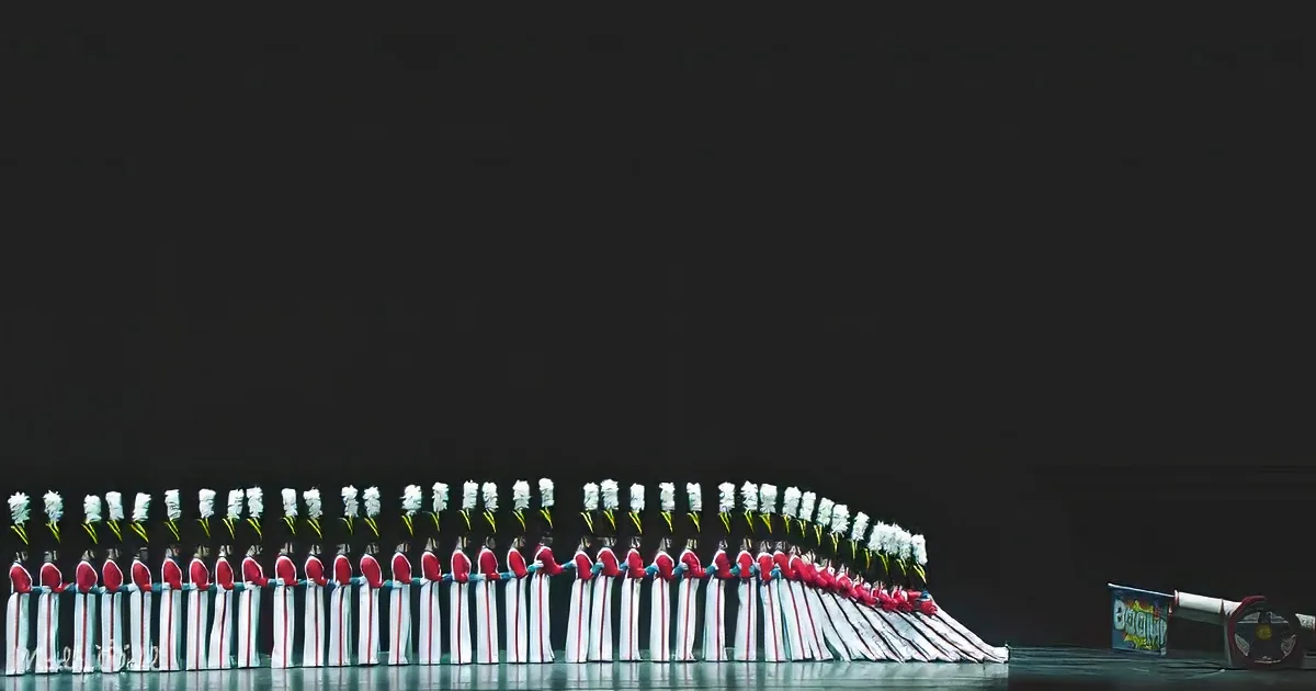 A group of performers in red and white uniforms stand in a line, holding pom-poms, on a stage.