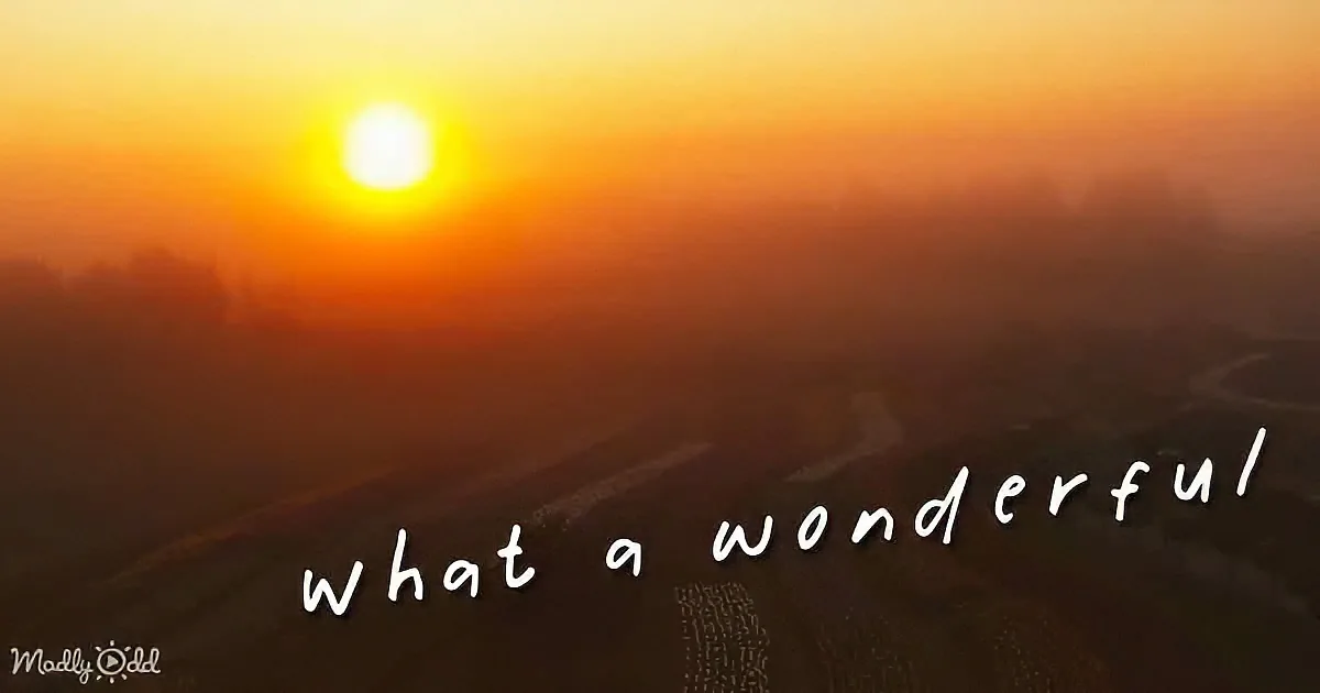 A breathtaking sunset with vibrant orange hues and a bright sun, accompanied by the text "what a wonderful".