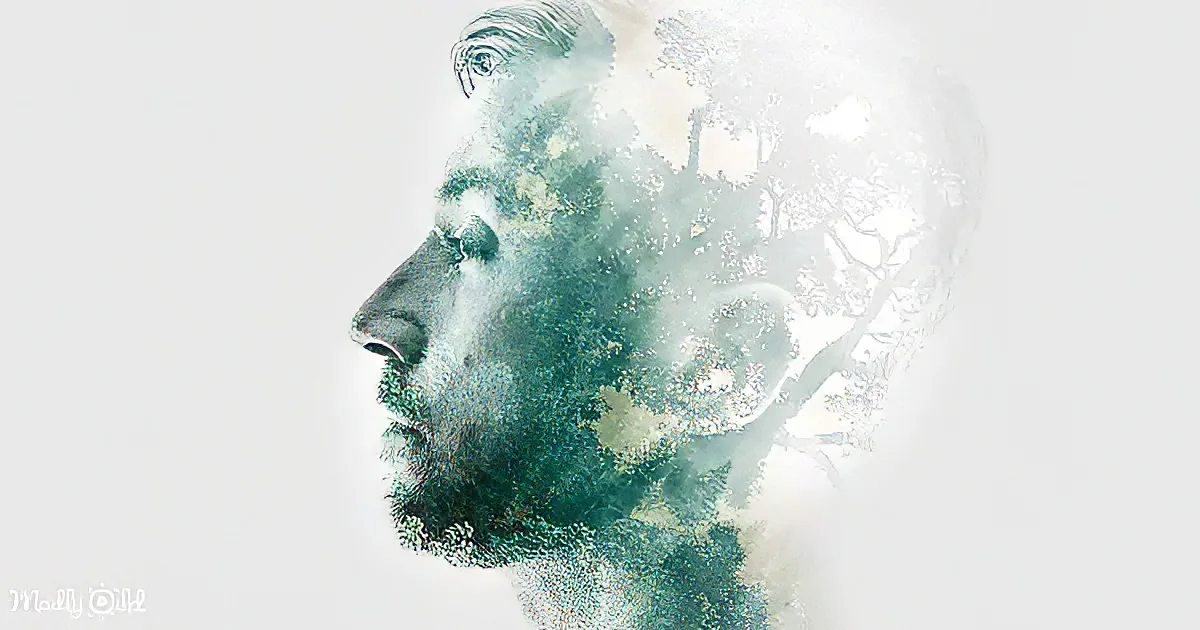 A man's profile with a forest overlay, blending human and nature elements.