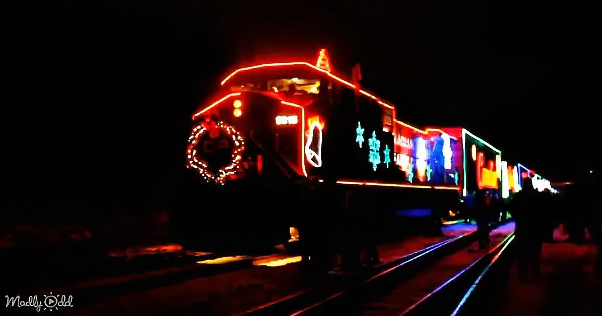 A festive train adorned with colorful lights and holiday decorations is illuminated against a dark night sky.