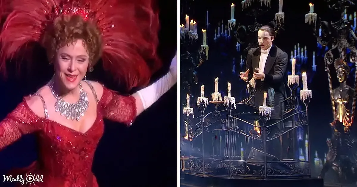 A woman in a red dress dances joyfully, while a man in a tuxedo stands on a staircase with candles, creating a dramatic...
