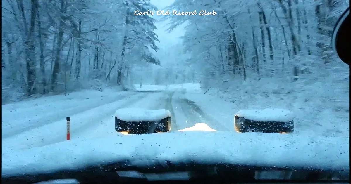 A snowy road with vehicles driving, snow-covered barriers, and bare trees in the background.