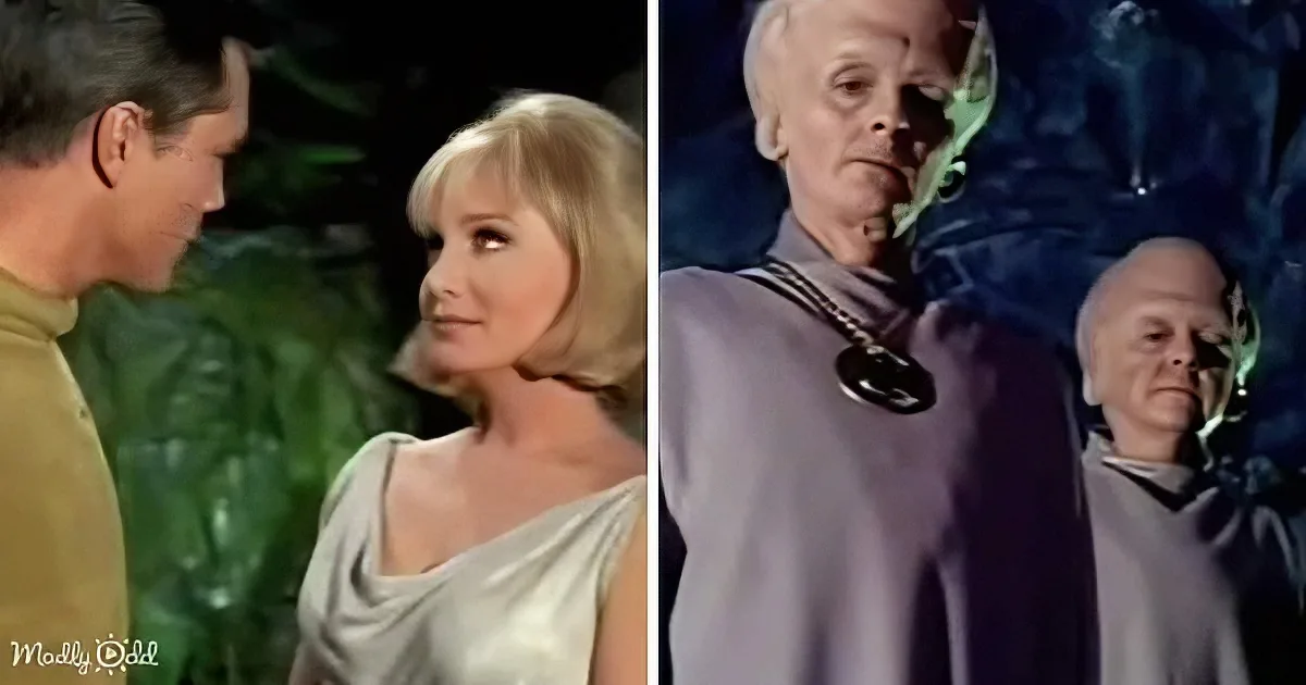 A woman in a light dress looks at a man in a yellow shirt, while two older men in purple robes stand in a dark, alien...