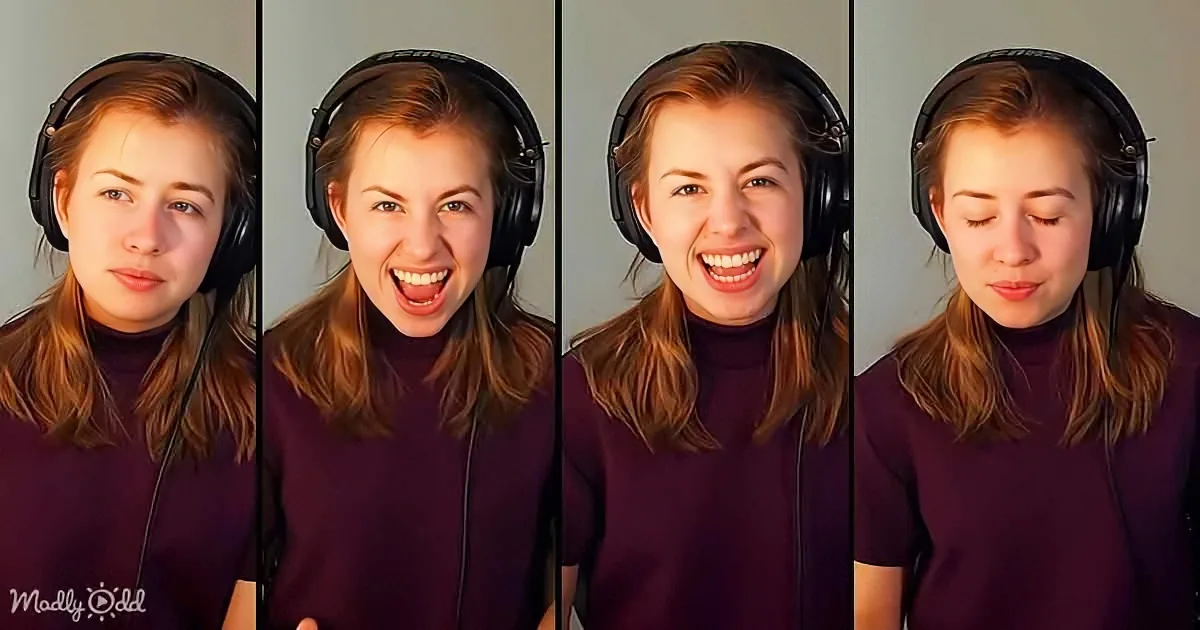 A person with headphones, changing expressions from serious to laughing, in four panels.