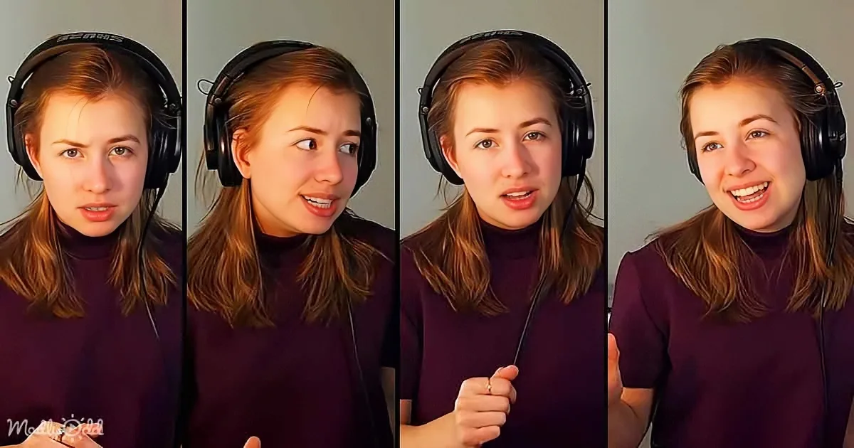 A person wearing headphones and a maroon turtleneck, making various facial expressions.