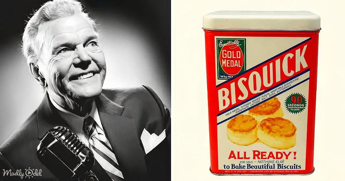 A smiling man in a suit with a microphone, alongside a vintage Bisquick canister.