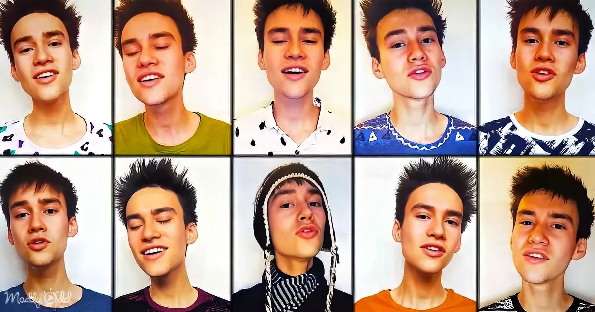 A young man with spiky hair and various expressions in a grid of 10 photos.