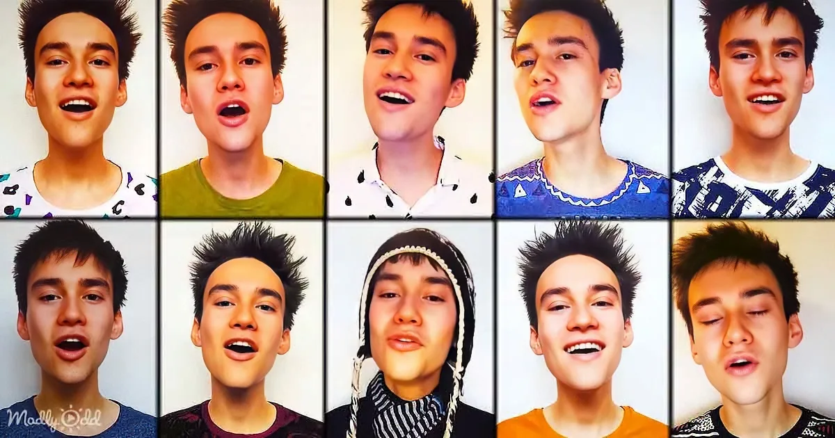 A young man with various expressions and outfits in a grid of 12 images.
