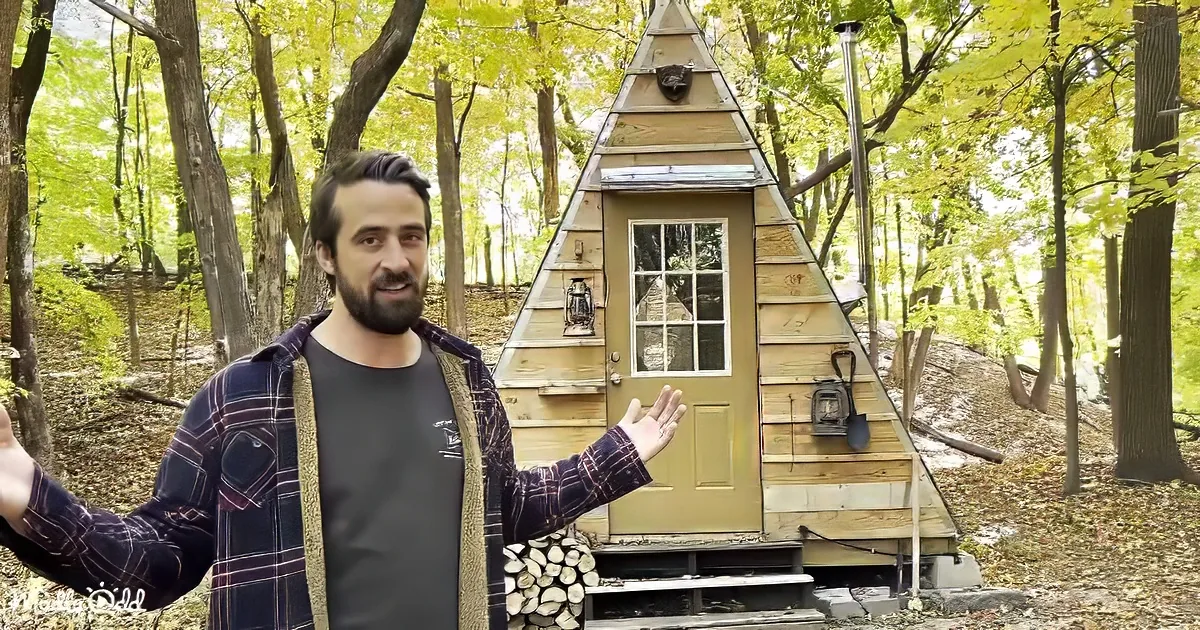 A man stands in front of a small wooden cabin in a forest, gesturing with his hands.