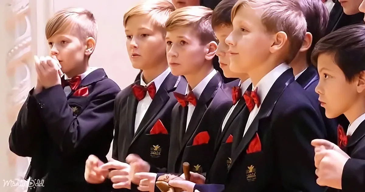 A group of young boys in formal attire, including red bow ties, are standing in a line, seemingly engaged in a...