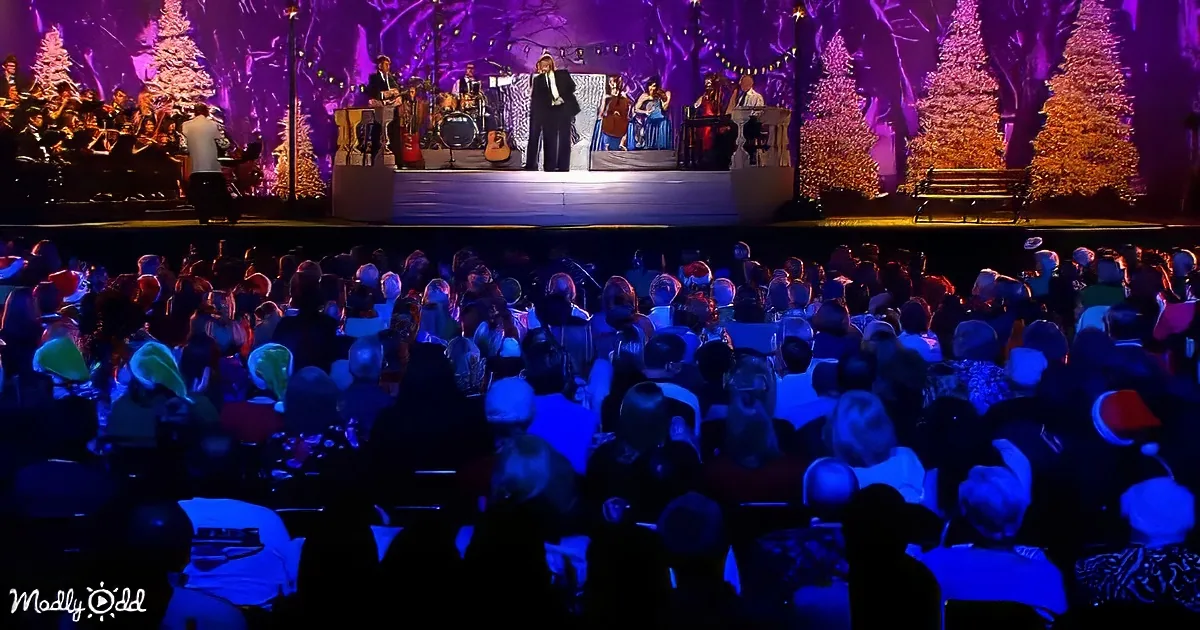 A festive Christmas concert with a large audience, performers on stage, and decorated trees.
