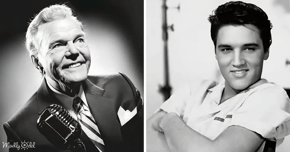 Two black-and-white portraits: one of a smiling man in a suit with a microphone, and another of a young man in a white...