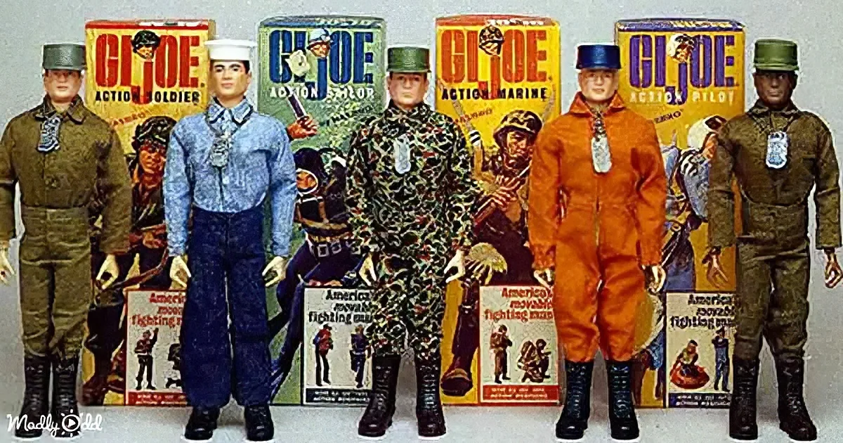 GI Joe action figures in various uniforms stand in front of their original packaging.