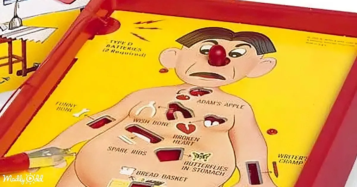 A vintage game board features a cartoon clown with labeled body parts for various ailments.