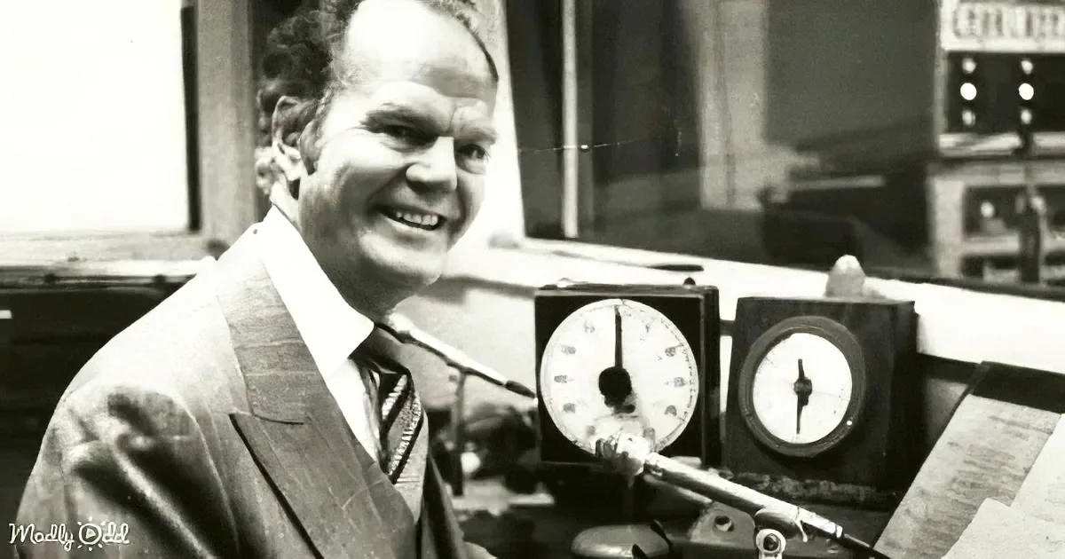 A smiling man in a suit stands in front of a microphone, with clocks and papers visible in the background.
