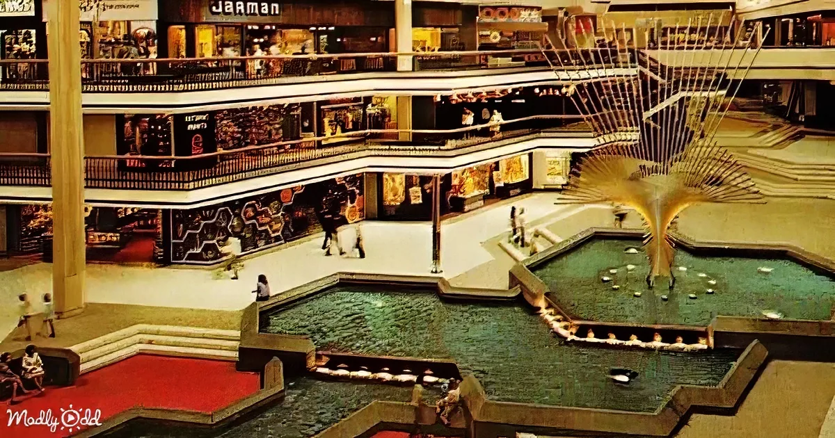 A large, ornate fountain with a bird sculpture dominates the center of a multi-level shopping mall.