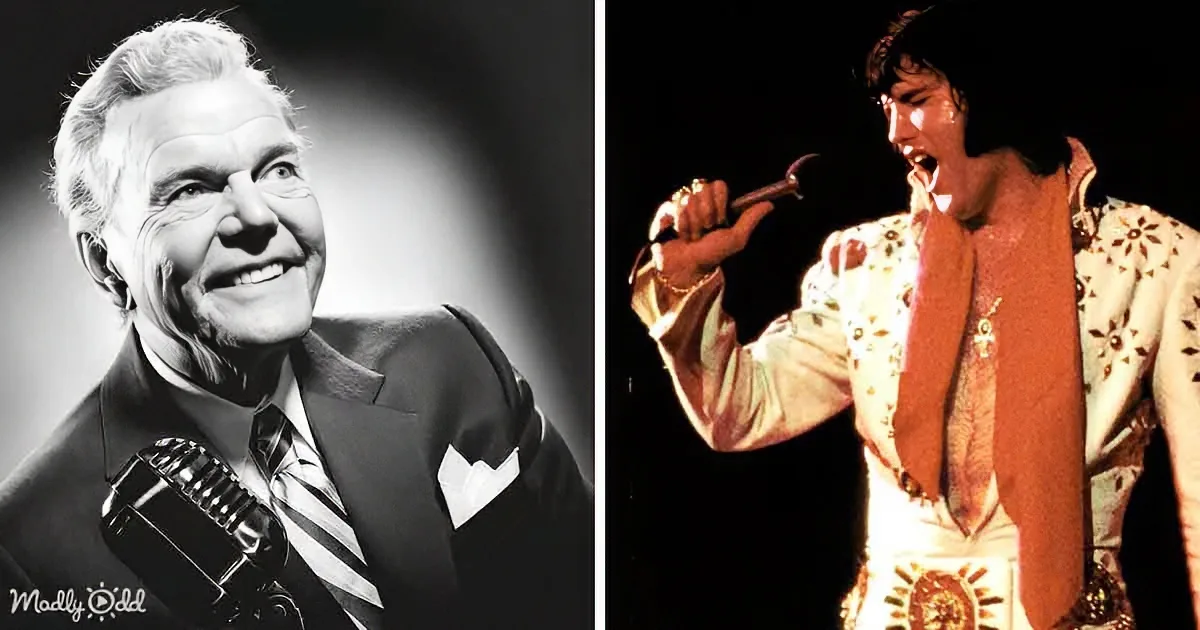 Left: A man in a suit and tie smiles into a microphone. Right: Elvis Presley in a white suit with a red scarf, holding a...