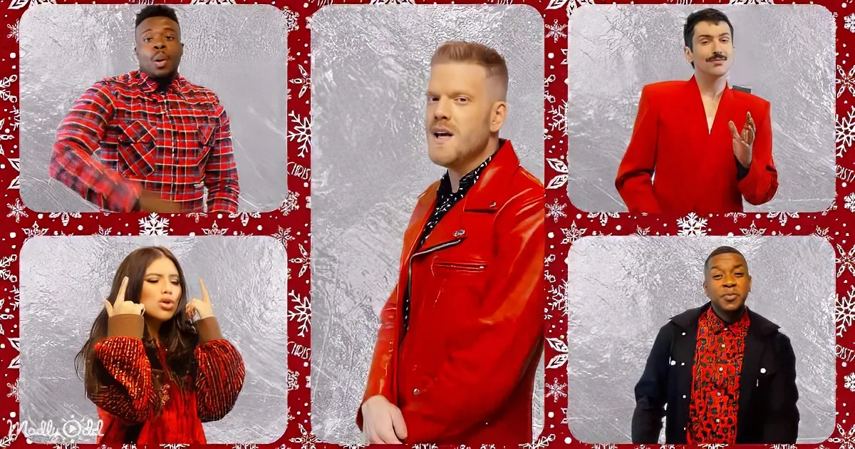 A man in a red leather jacket stands in the center of a collage with four other individuals in festive attire.