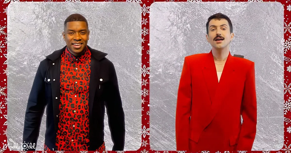 Two men in festive attire, one in leopard print and black, the other in red suit, against a snowy background.