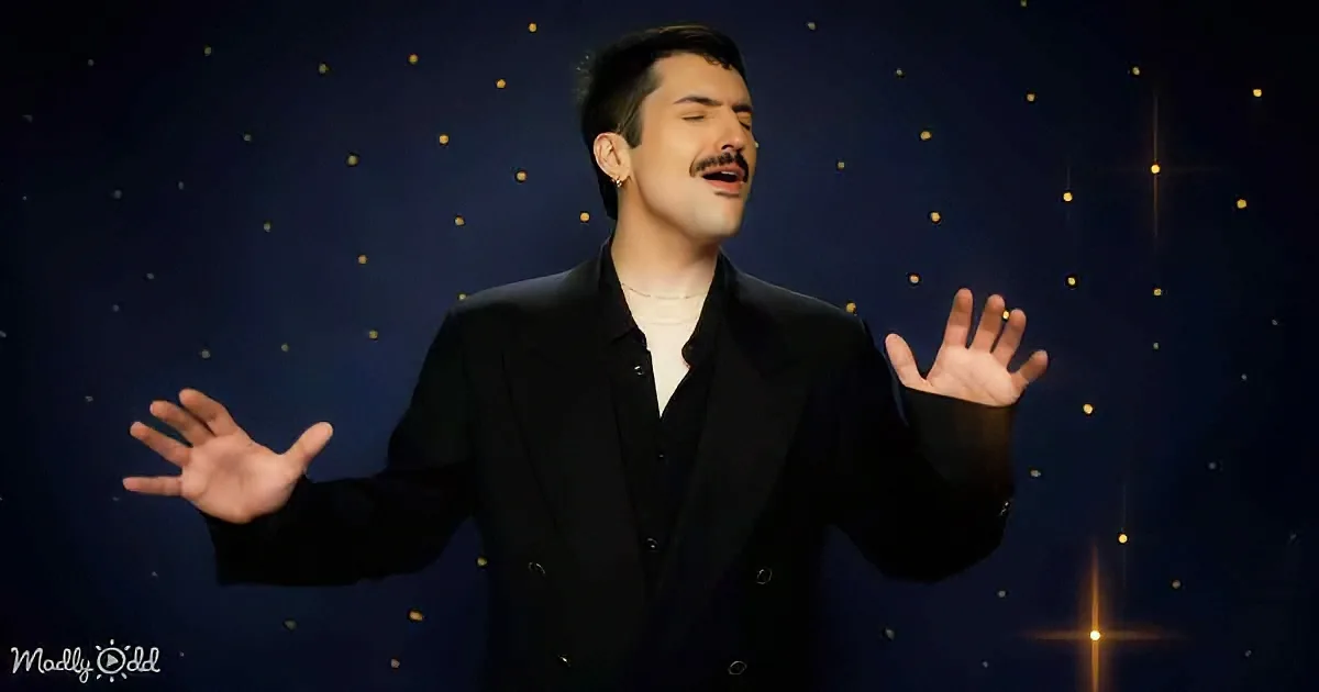 A man in a black suit with hands outstretched, eyes closed, against a starry night background.