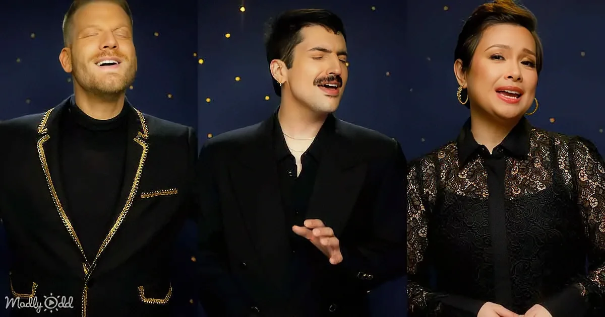 Three individuals in formal attire, one with gold trim, singing against a starry background.