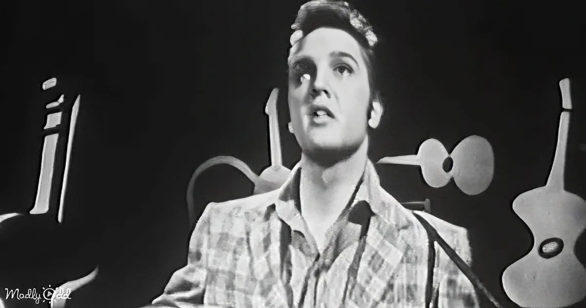 Elvis Presley in a plaid shirt, singing into a microphone, surrounded by musical instruments.