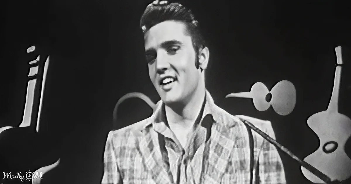 Elvis Presley in a plaid suit, smiling, with a microphone and guitar in the background.