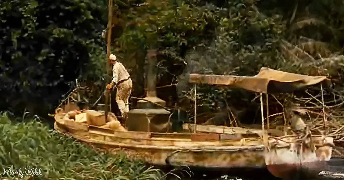 A man stands on a small wooden boat amidst dense jungle vegetation.