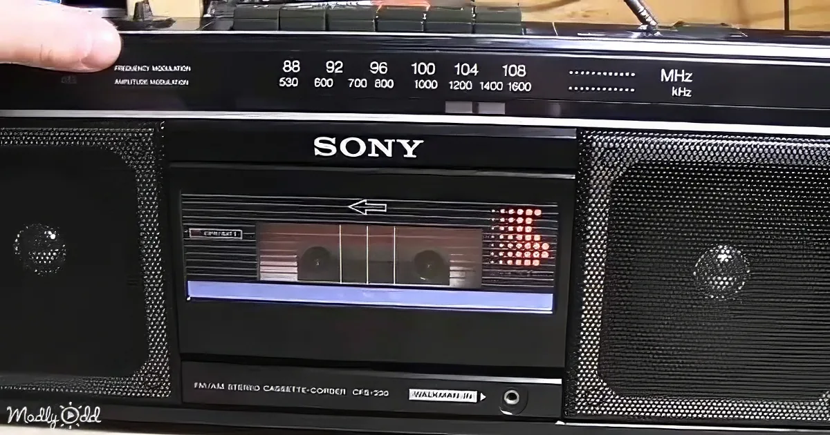 A vintage Sony Walkman cassette player with a hand adjusting the frequency dial.