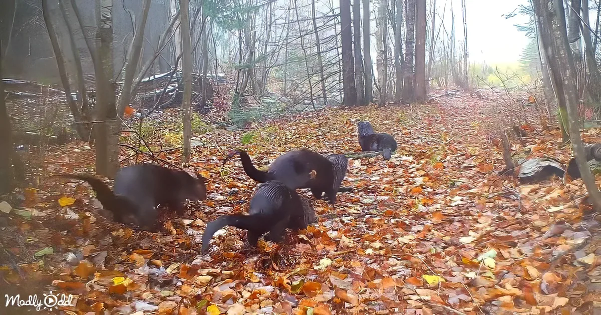 Four black dogs playfully dig in autumn leaves in a forest.