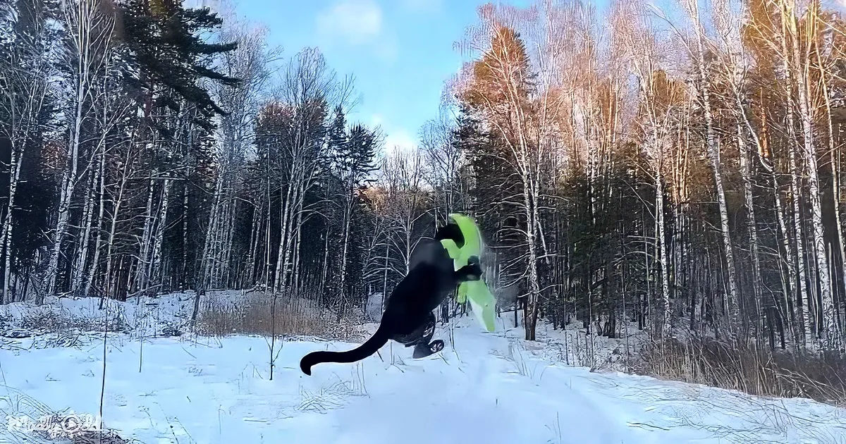 A black dog leaps in the air, catching a bright green frisbee in a snowy forest.