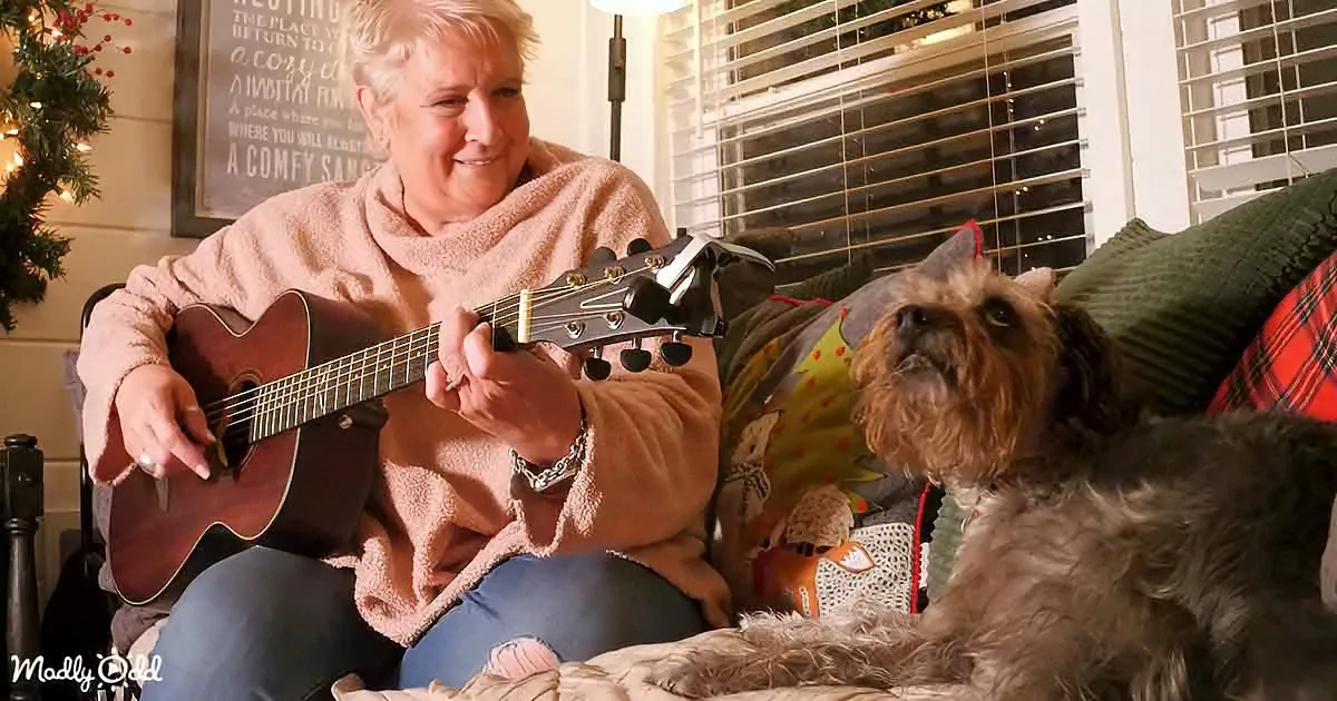 A woman plays guitar while a dog sits nearby, both in a cozy living room setting.