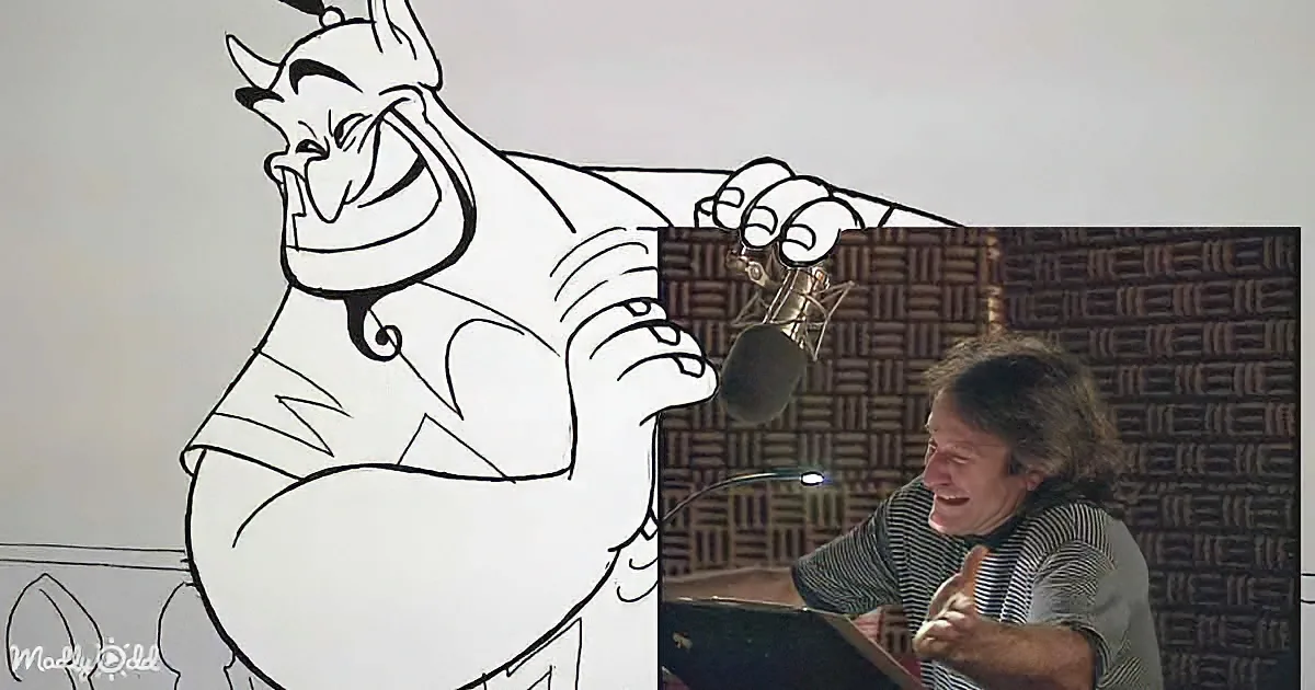 A blue genie character from Aladdin and a man laughing in a dimly lit room.