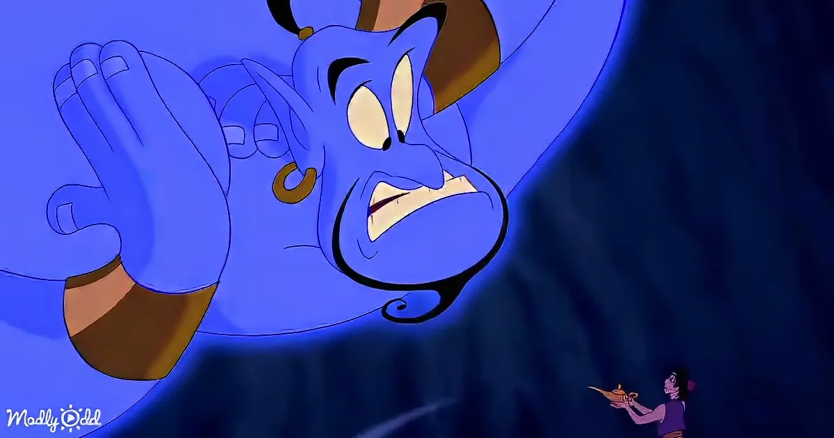 A blue genie with a mustache and a lamp appears to be speaking or reacting to someone off-screen.