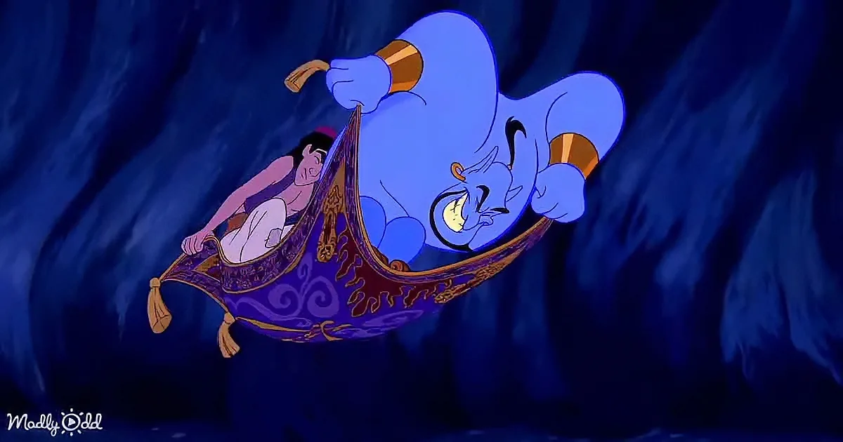 A genie in a lamp holds a sword, with a man sitting inside the lamp, both in a dark, cave-like setting.