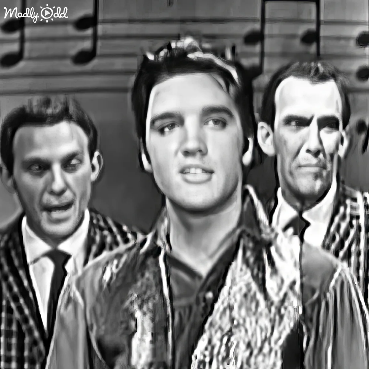 Elvis Presley in a leather jacket, surrounded by two men in plaid shirts, with musical notes in the background.