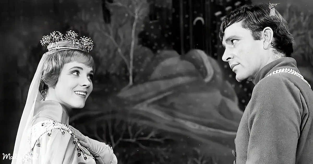 A woman in a crown and veil smiles at a man in medieval attire against a dark, snowy backdrop.