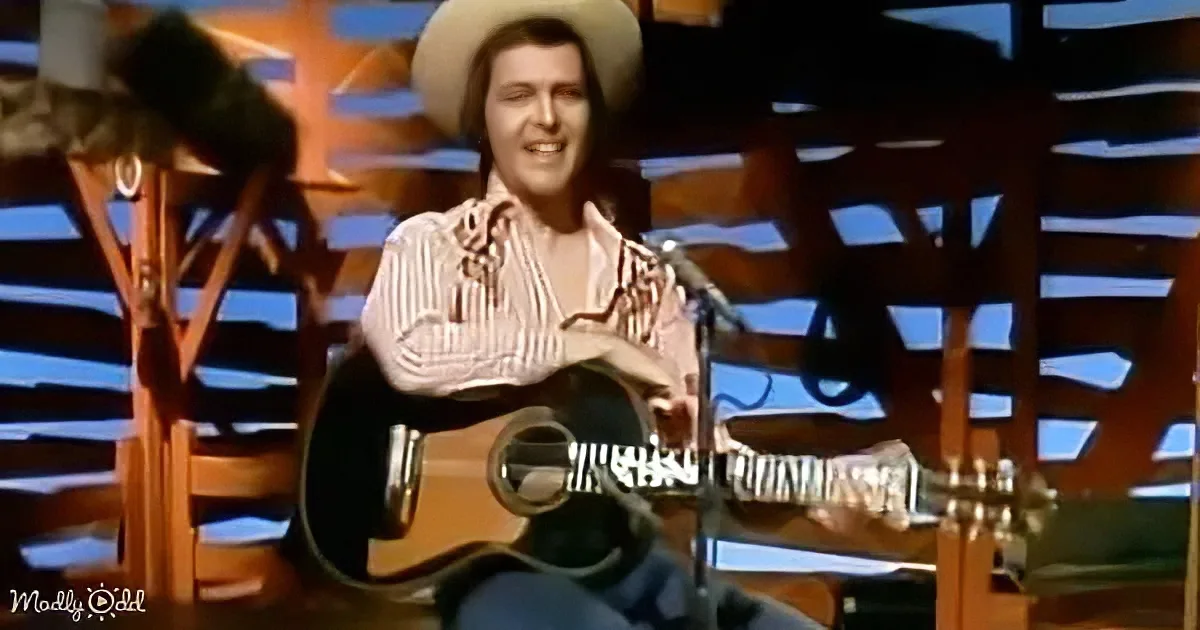 A person in a cowboy hat plays a guitar on stage with a microphone and a wooden backdrop.
