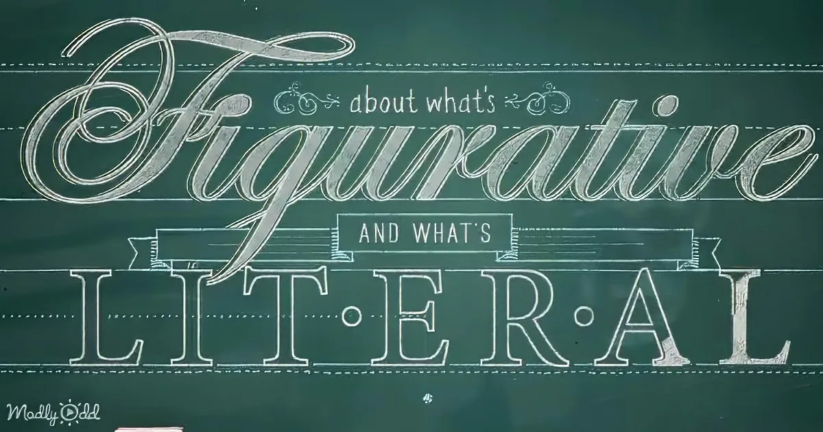 A chalkboard displays "Figurative" and "Literal" with decorative elements and text about figurative and literal meanings.