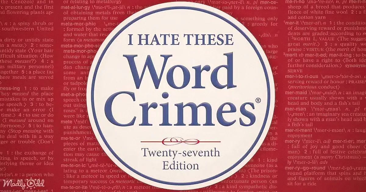 Circular sign says "I HATE THESE Word Crimes" with "Twenty-seventh Edition" below, red background with text.