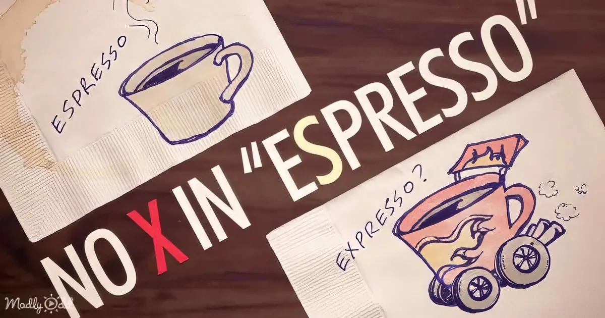 A coffee cup with "Expresso" and "No X in 'Expresso'" text on napkins, one with a car design.