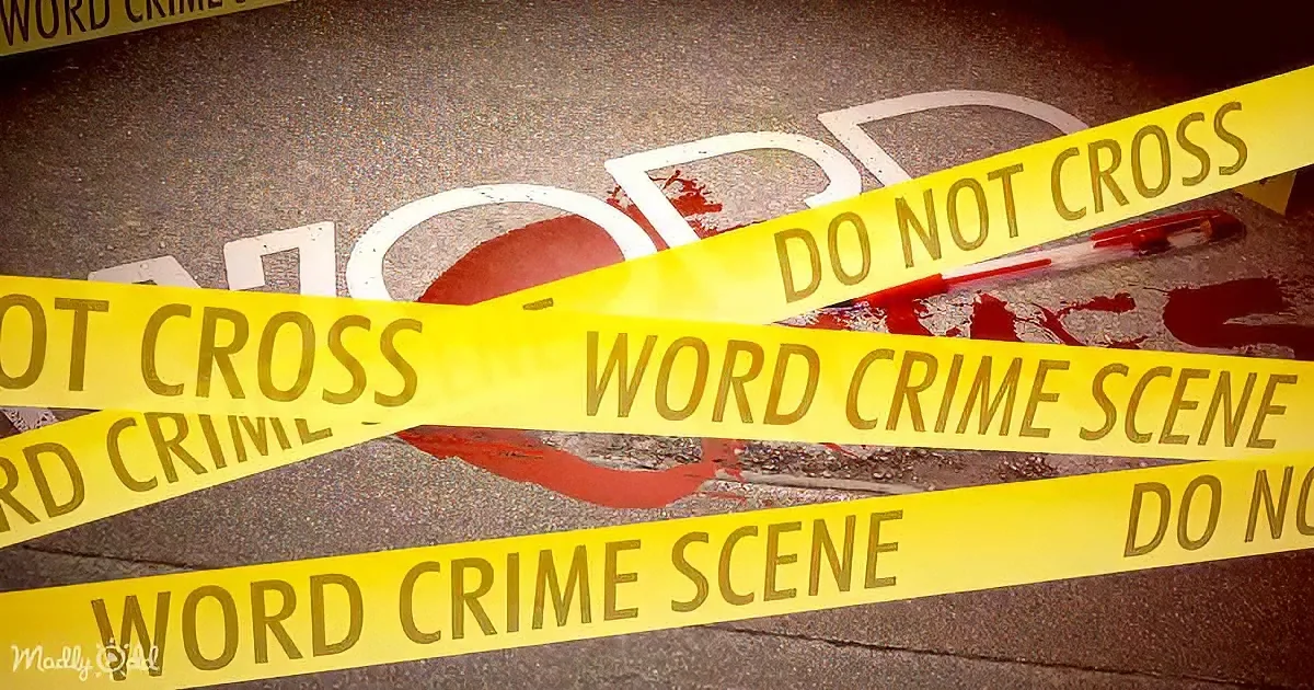 Yellow "Do Not Cross" tape with "Word Crime Scene" text over a blood-stained surface.