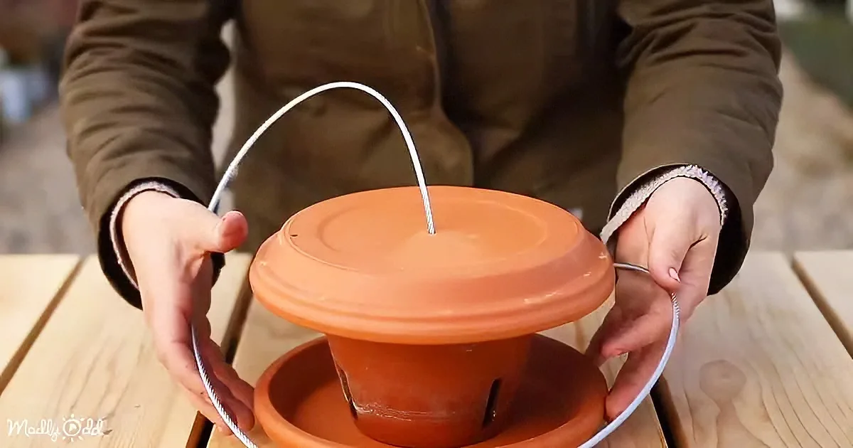 A person holds a terracotta pot with a wire frame, likely for a DIY project.