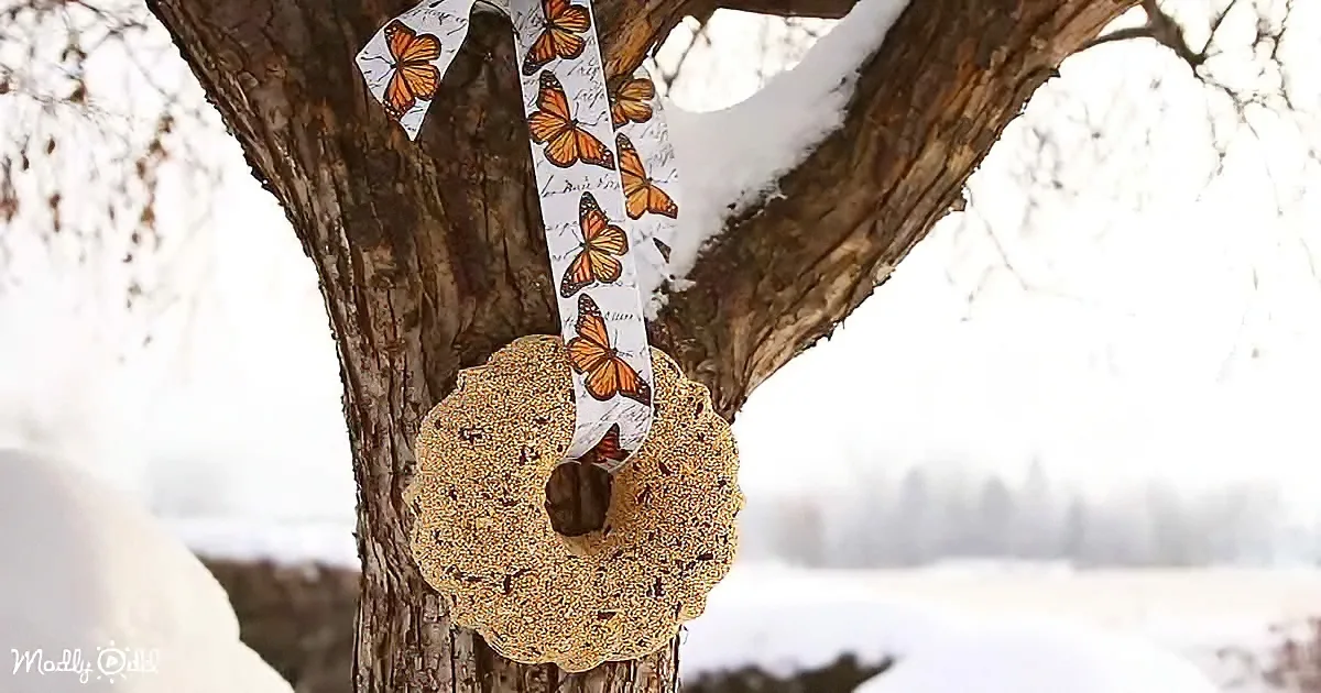 A tree with a butterfly-patterned ribbon and a large, textured object resembling a mushroom or seed pod.