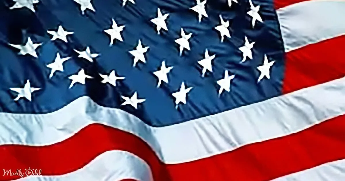 An American flag with 50 stars and red and white stripes is displayed prominently.
