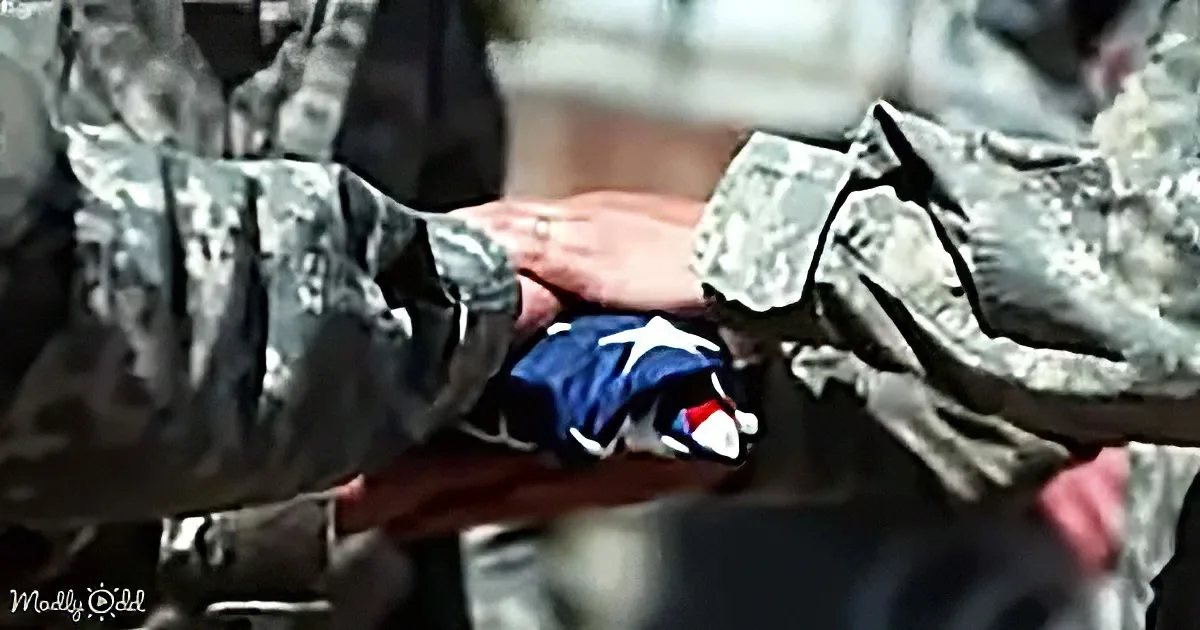 Two soldiers in camouflage uniforms hold a folded American flag, symbolizing respect and remembrance.