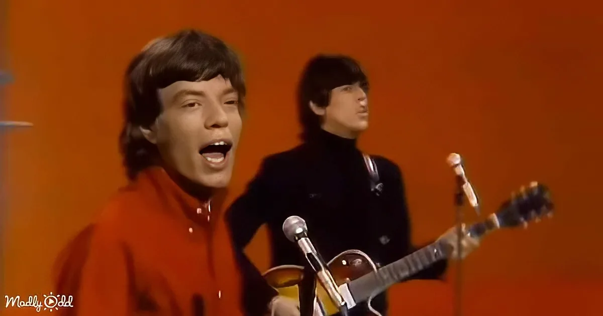 A man in a red jacket sings passionately, with another person playing guitar in the background.
