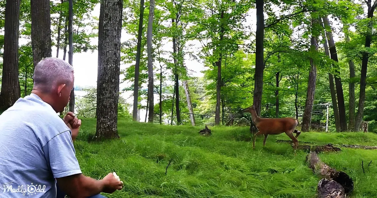 A man sits in a lush forest clearing, feeding a deer while surrounded by tall trees and greenery.
